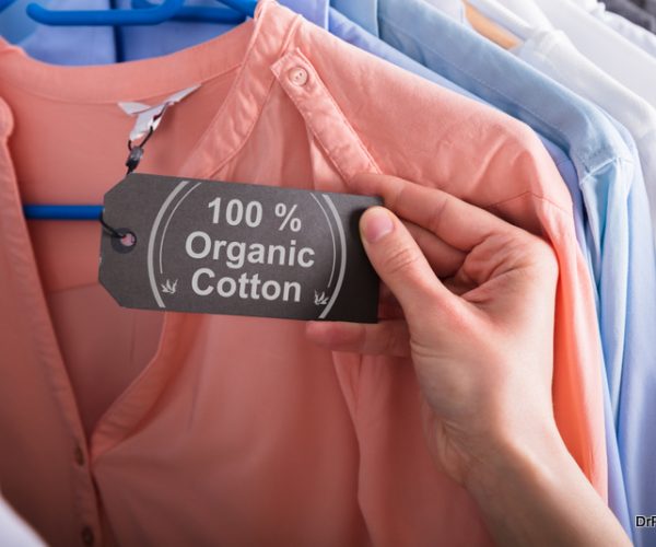 Close-up Of A Woman's Hand Holding Label Showing 100 Percent Organic Cotton